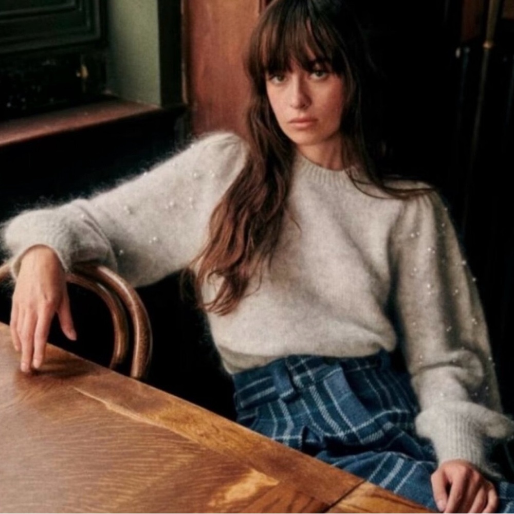 Sezane Gray Sweater with Pearl Details